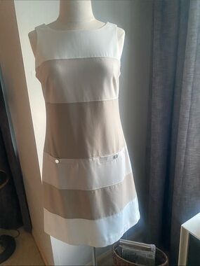 WHBM Sleeveless Striped Shift Dress in White and Tan